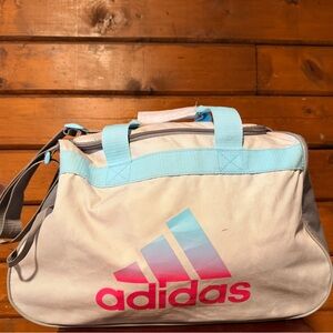 adidas White Duffel Bag with Light Blue Accents and Pink Logo